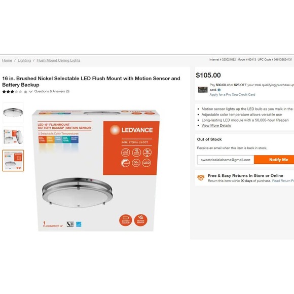 16" Brushed Nickel Selectable LED Flush Mount w/ Motion Sensor & Battery Backup - Picture 2 of 8